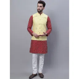 SOJANYA Embroidered Mandarin Collar Kurta with Pyjamas & Nahru Jacket-picture-23