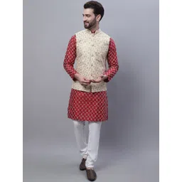 SOJANYA Embroidered Mandarin Collar Kurta with Pyjamas & Nahru Jacket-picture-26