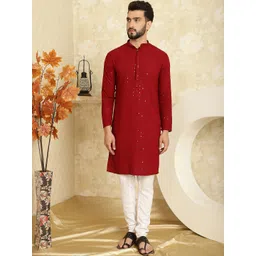 SOJANYA Ethnic Motifs Embroidered Sequinned Pure Cotton Kurta with Churidar-picture-23