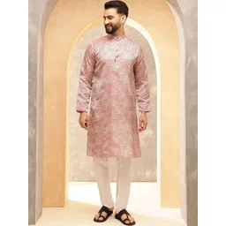 SOJANYA Ethnic Motifs Woven Design BandCollar Straight Kurta With Pyjamas-picture-26