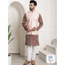 SOJANYA Ethnic Motifs Woven Design Jacquard Silk Cotton Kurta With Churidar & Nehru Jacket-picture-36
