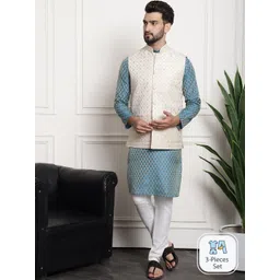 SOJANYA Ethnic Motifs Woven Design Silk Cotton Kurta & Churidar With Nehru Jacket-picture-13