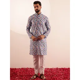 SOJANYA Floral Printed Mandarin CollarLinen Kurta With Pyjamas-picture-34