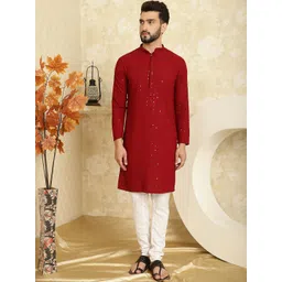 SOJANYA Geometric Embroidered Mandarin Collar Long Sleeves Pure Cotton Kurta With Churidar-picture-20