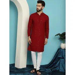 SOJANYA Geometric Embroidered Mandarin Collar Long Sleeves Pure Cotton Kurta With Churidar-picture-21