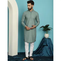 SOJANYA Geometric Embroidered Mandarin Collar Long Sleeves Pure Cotton Kurta With Churidar-picture-22