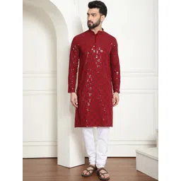 SOJANYA Geometric Embroidered Mandarin Collar Long Sleeves Sequinned Pure Cotton Kurta Set-picture-19