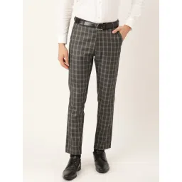 Sojanya Grey Cotton Regular Slim Fit Checks Flat Front Trousers-picture-34