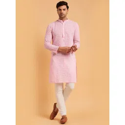 SOJANYA Mandarin Collar Ethnic Motifs Embroidered Thread Work Pure Cotton Kurta-picture-29