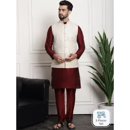 SOJANYA Mandarin Collar Straight Kurta With Churidar & Nehru Jacket-picture-35