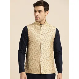 SOJANYA Men Beige & Gold-Coloured Woven Design Nehru Jackets-picture-15