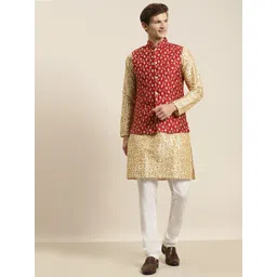 SOJANYA Men Beige Floral Printed Kurta with Pyjamas & Nehru Jacket-picture-29