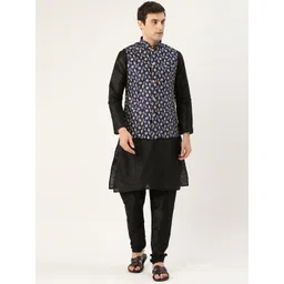 SOJANYA Men Black & Navy Blue Solid Kurta with Churidar & Nehru Jacket-picture-23