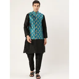 SOJANYA Men Black & Teal Blue Solid Kurta with Churidar & Nehru Jacket-picture-17