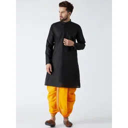 SOJANYA Men Black & Yellow Solid Kurta with Dhoti Pants-picture-21