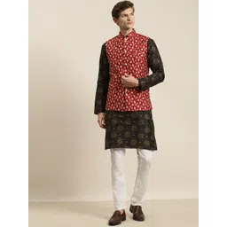 SOJANYA Men Black Ethnic Motifs Printed Kurta with Pyjamas & Nehru Jacket-picture-35