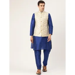 SOJANYA Men Blue & Cream-Coloured Solid Kurta with Churidar & Nehru Jacket-picture-37