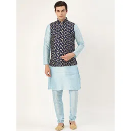 SOJANYA Men Blue & Golden Solid Kurta with Churidar & Nehru Jacket-picture-33