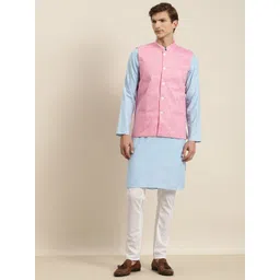 SOJANYA Men Blue & Pink Kurta with Churidar & Nehru Jacket-picture-28