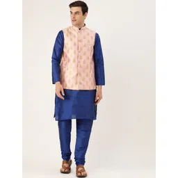 SOJANYA Men Blue & Pink Self-Design Kurta with Churidar & Nehru Jacket-picture-40