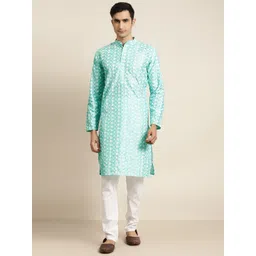 SOJANYA Men Blue & White Embroidered Kurta with Churidar-picture-24