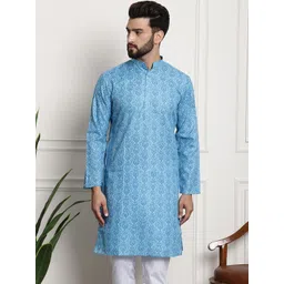 SOJANYA Men Blue & White Ethnic Motifs Cotton Linen Printed Kurta-picture-32