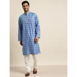 SOJANYA Men Blue & White Ethnic Motifs Printed Kurta-picture-29