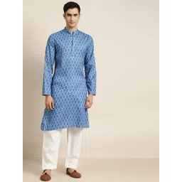 SOJANYA Men Blue & White Geometric Printed Straight Pure Cotton Kurta-picture-11
