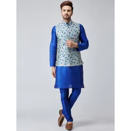SOJANYA Men Blue & White Self Design Kurta with Churidar & Nehru Jacket-picture-31