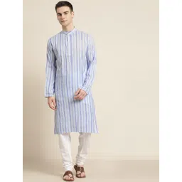 SOJANYA Men Blue & White Striped Cotton Kurta with Churidar image 1