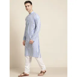 SOJANYA Men Blue & White Striped Cotton Kurta with Churidar image 2