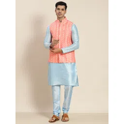 SOJANYA Men Blue Embroidered Kurta with Churidar with Nehru Jacket-picture-29