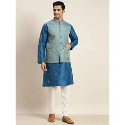 SOJANYA Men Blue Mirror Work Kurta with Churidar & Nehru Jacket-picture-30