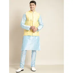 SOJANYA Men Blue Mirror Work Kurta with Churidar & Nehru Jacket-picture-36