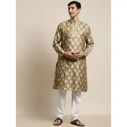 SOJANYA Men Brown & White Ethnic Motifs Jacquard Weave Angrakha Kurta with Pyjamas-picture-32