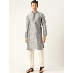 SOJANYA Men Charcoal Grey & Off-White Paisley Embroidered Kurta with Solid Churidar-picture-26
