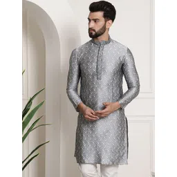 SOJANYA Men Charcoal Grey & White Woven Design Straight Kurta-picture-24