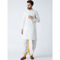 SOJANYA Men Cream-Coloured & White Embroidered Kurta with Dhoti Pants-picture-13