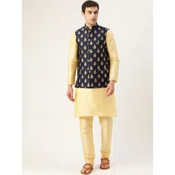 SOJANYA Men Golden & Navy Blue Solid Kurta with Churidar & Nehru Jacket-picture-33