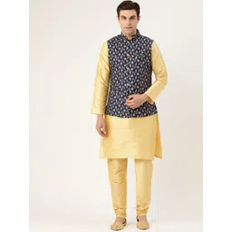SOJANYA Men Golden & Navy Blue Solid Kurta with Churidar & Nehru Jacket-picture-35