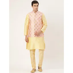 SOJANYA Men Golden & Pink Solid Kurta with Churidar & Nehru Jacket-picture-33