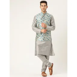 SOJANYA Men Grey & Blue Solid Kurta Set with Nehru Jacket-picture-28