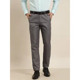 SOJANYA Men Grey & Off-White Striped Smart Regular Fit Formal Trousers-picture-13