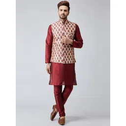SOJANYA Men Maroon & Beige Self Design Kurta with Churidar & Nehru Jacket-picture-13