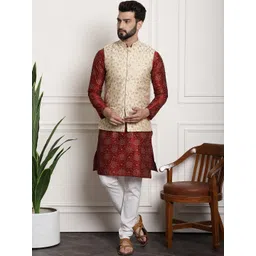 SOJANYA Men Maroon & Gold Floral Straight Kurta Churidar & Sequined Nehru Jacket-picture-26