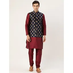 SOJANYA Men Maroon & Navy Blue Solid Kurta with Churidar & Nehru Jacket-picture-34