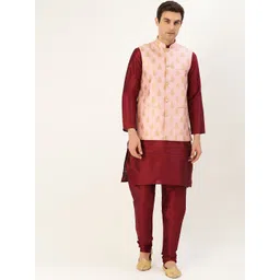 SOJANYA Men Maroon & Pink Solid Kurta with Churidar & Nehru Jacket-picture-25