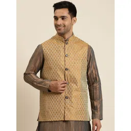 Sojanya Men Mustard Brown & Golden Woven Design JacquardSilk Nehru Jacket-picture-39
