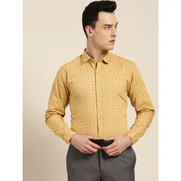 SOJANYA Men Mustard Yellow & Navy Blue Regular Fit Printed Formal Shirt-picture-13
