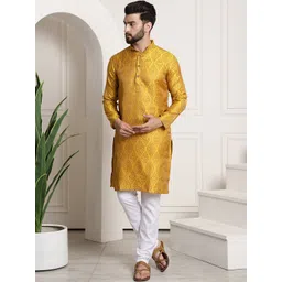 SOJANYA Men Mustard Yellow & Off-White Woven Design Kurta with Churidar-picture-28